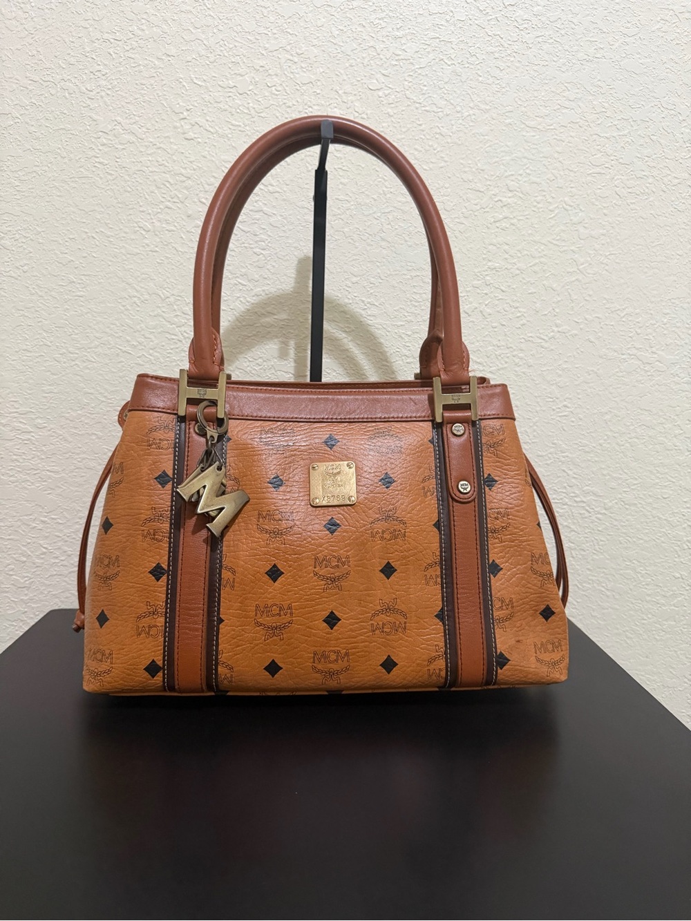 MCM Cognac Visetos Logo Satchel with Gold Charm